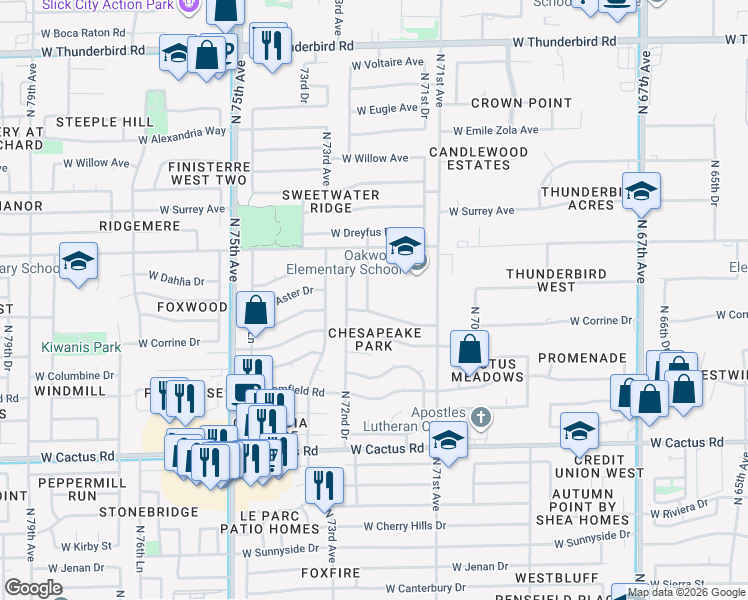 map of restaurants, bars, coffee shops, grocery stores, and more near 7150 West Windrose Drive in Peoria
