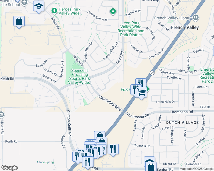 map of restaurants, bars, coffee shops, grocery stores, and more near 30873 Bald Eagle Street in Murrieta