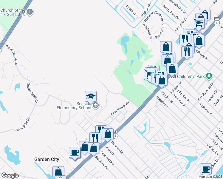 map of restaurants, bars, coffee shops, grocery stores, and more near 1515 Louise Costin Lane in Murrells Inlet