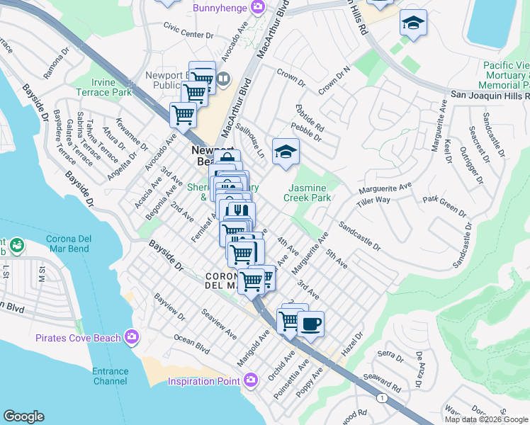 map of restaurants, bars, coffee shops, grocery stores, and more near 710 Heliotrope Avenue in Newport Beach