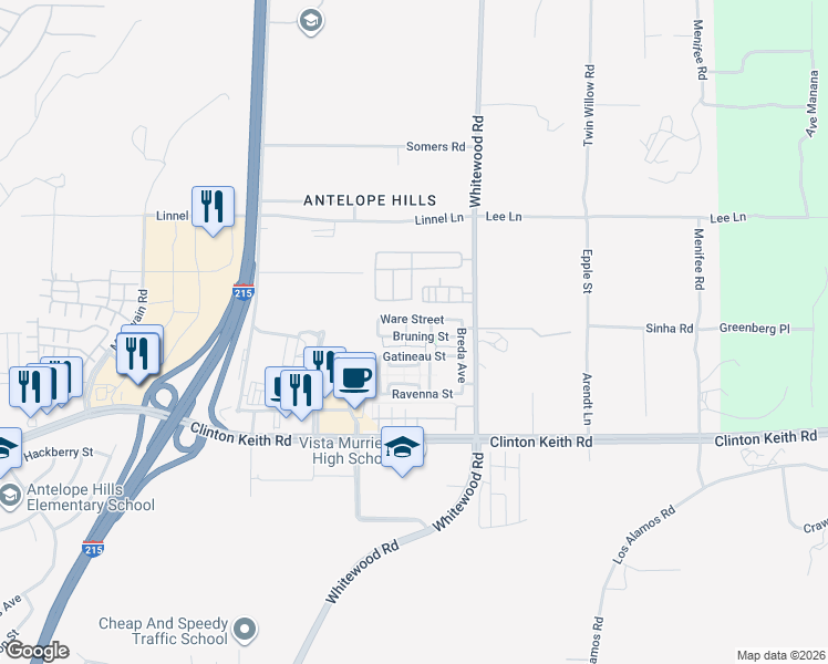 map of restaurants, bars, coffee shops, grocery stores, and more near 28386 Bruning Street in Murrieta