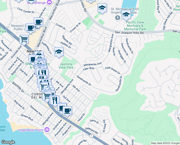 map of restaurants, bars, coffee shops, grocery stores, and more near 3415 Seabreeze Lane in Newport Beach