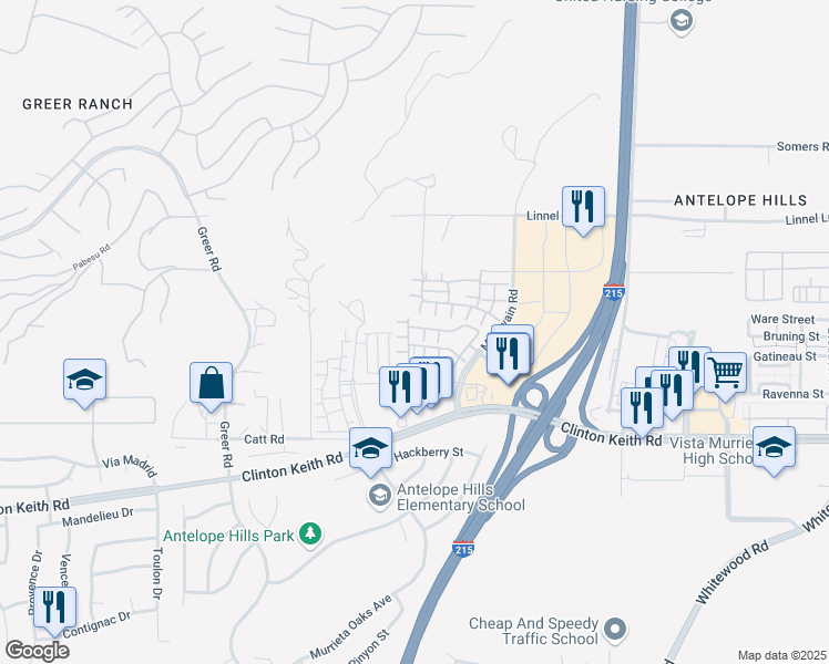 map of restaurants, bars, coffee shops, grocery stores, and more near 35800 Lajune Street in Murrieta