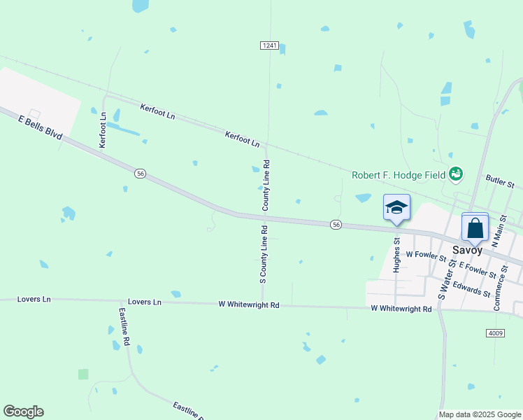 map of restaurants, bars, coffee shops, grocery stores, and more near 277 County Road 1241 in Savoy