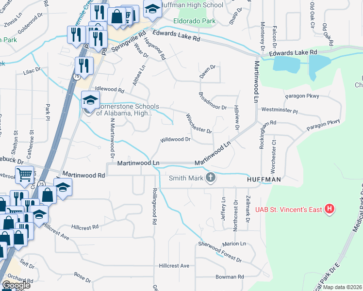 map of restaurants, bars, coffee shops, grocery stores, and more near 945 Wildwood Dr in Birmingham