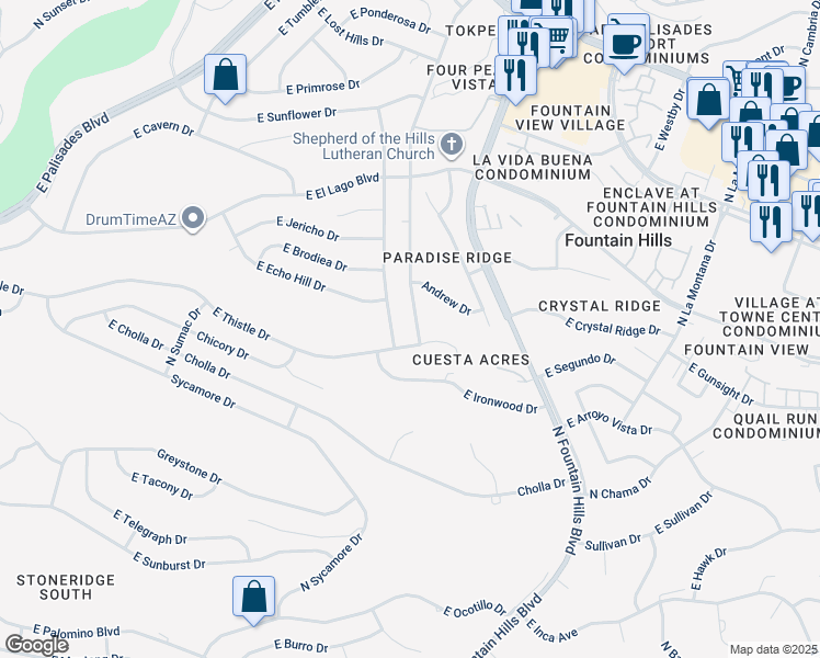 map of restaurants, bars, coffee shops, grocery stores, and more near 12616 Mountainside Drive in Fountain Hills