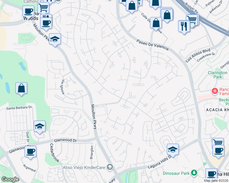 map of restaurants, bars, coffee shops, grocery stores, and more near 498 Avenida Sevilla in Laguna Woods