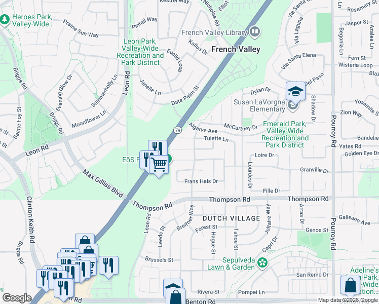 map of restaurants, bars, coffee shops, grocery stores, and more near 31299 Gabriel Metsu Street in Winchester