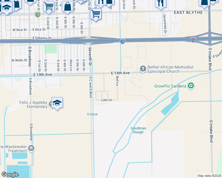 map of restaurants, bars, coffee shops, grocery stores, and more near 971 Vista Sunrise Street in Blythe
