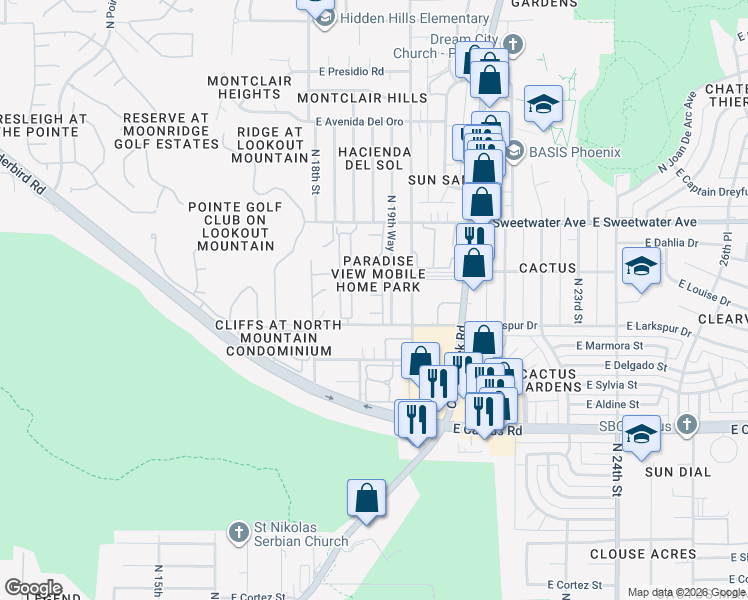 map of restaurants, bars, coffee shops, grocery stores, and more near 1913 East Louise Drive in Phoenix