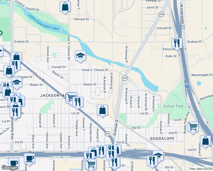map of restaurants, bars, coffee shops, grocery stores, and more near 1700-1798 Baylor Street in Lubbock