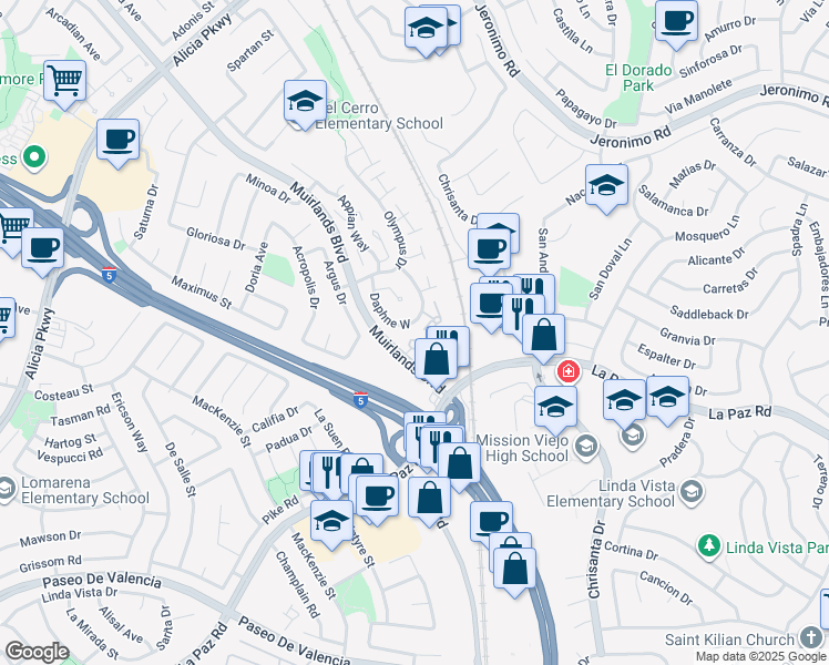 map of restaurants, bars, coffee shops, grocery stores, and more near 25934 Robin Circle in Mission Viejo