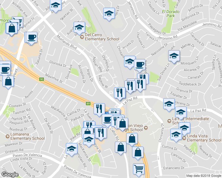 map of restaurants, bars, coffee shops, grocery stores, and more near 25934 Robin Circle in Mission Viejo