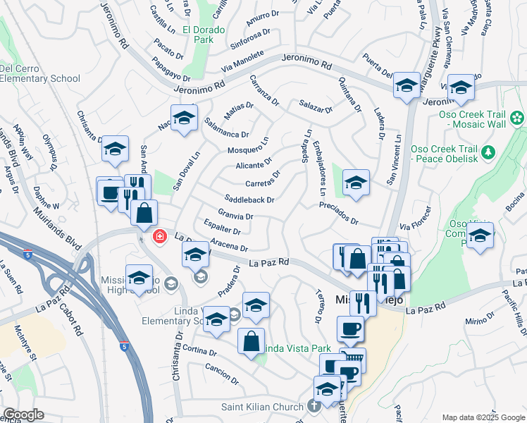 map of restaurants, bars, coffee shops, grocery stores, and more near 26686 Saddleback Drive in Mission Viejo