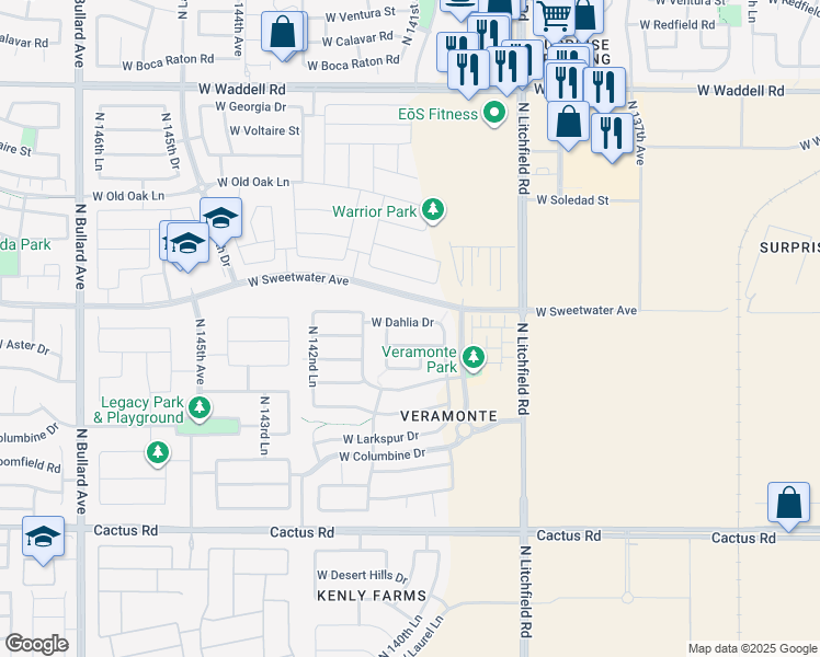 map of restaurants, bars, coffee shops, grocery stores, and more near 14097 West Dahlia Drive in Surprise