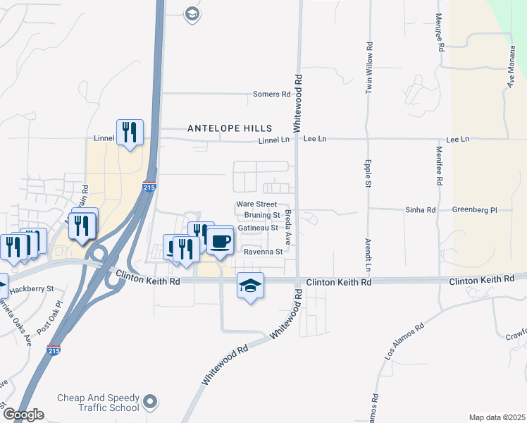 map of restaurants, bars, coffee shops, grocery stores, and more near 28402 Bruning Street in Murrieta