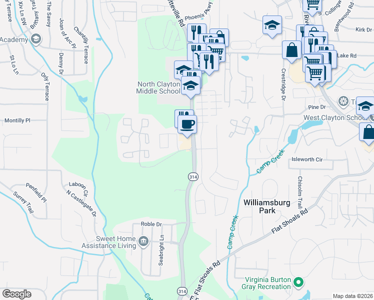 map of restaurants, bars, coffee shops, grocery stores, and more near 1875 East Pleasant Hill Road in College Park