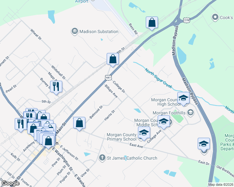 map of restaurants, bars, coffee shops, grocery stores, and more near 717 Billups Avenue in Madison