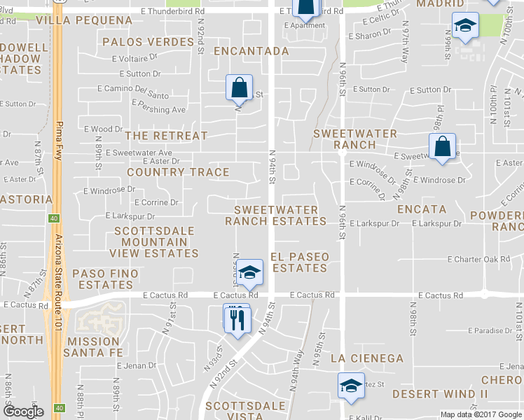 map of restaurants, bars, coffee shops, grocery stores, and more near 9374 East Desert Trail in Scottsdale