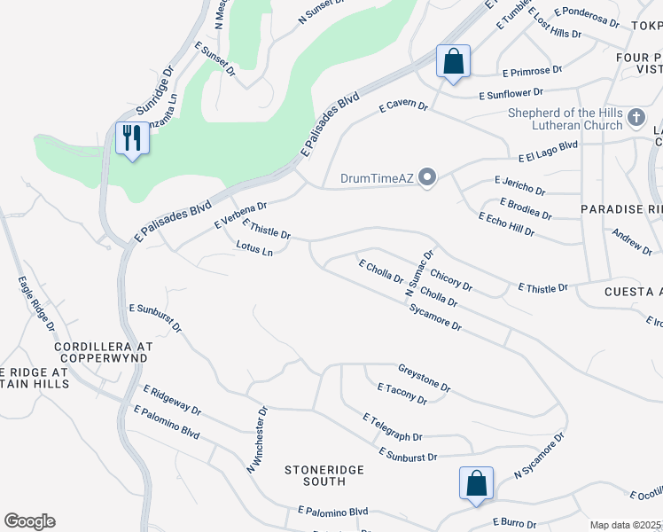 map of restaurants, bars, coffee shops, grocery stores, and more near 15437 Chicory Drive in Fountain Hills