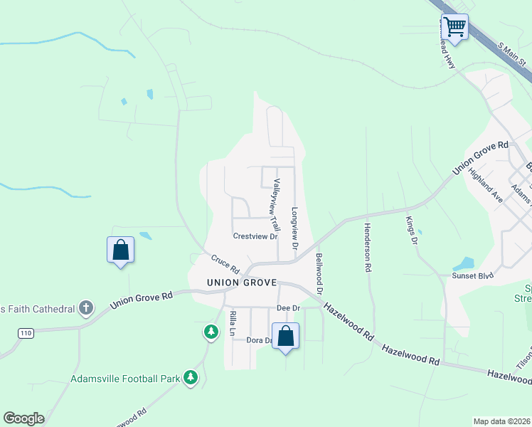 map of restaurants, bars, coffee shops, grocery stores, and more near 912 Shadyview Lane in Adamsville
