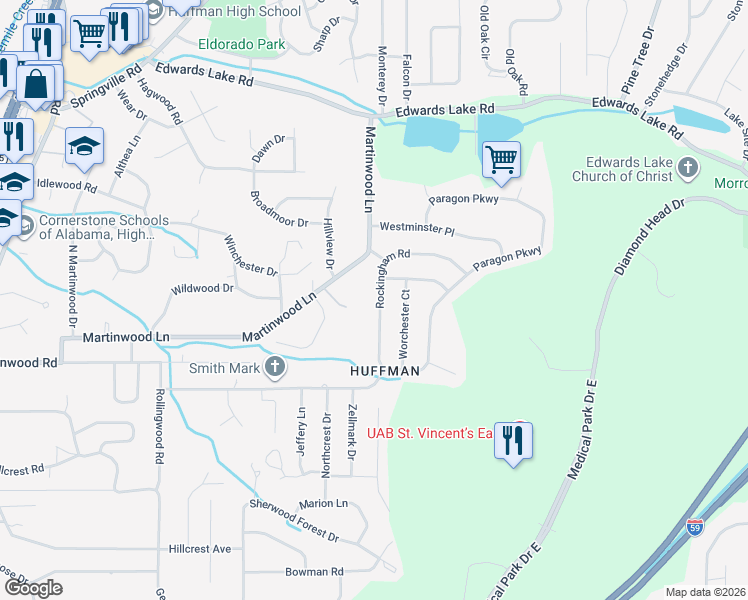 map of restaurants, bars, coffee shops, grocery stores, and more near 841 Rockingham Road in Birmingham