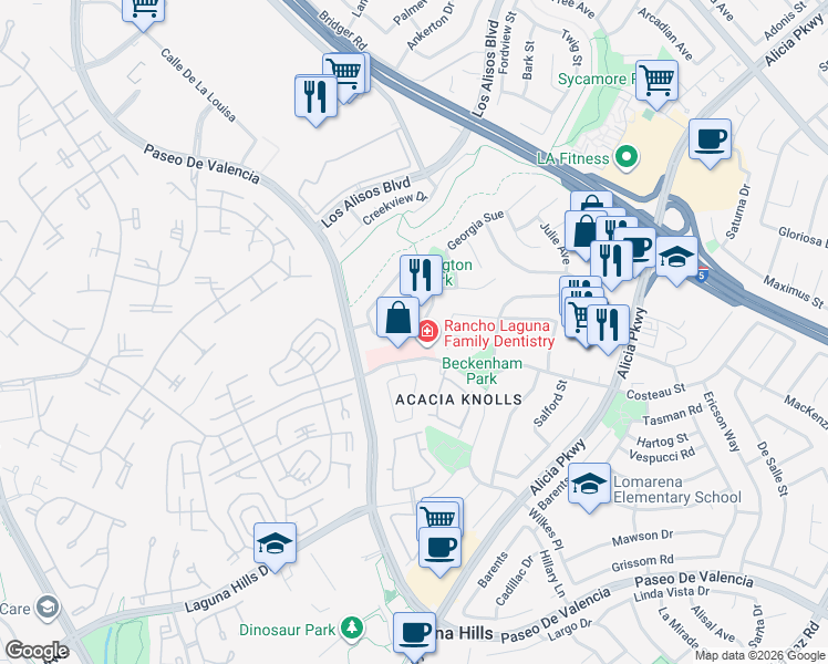 map of restaurants, bars, coffee shops, grocery stores, and more near 24652 Ashland Drive in Laguna Hills