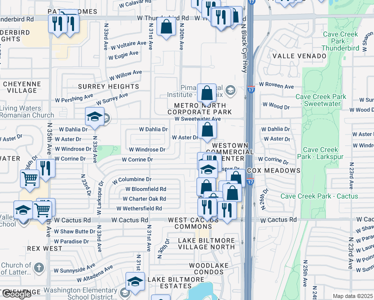 map of restaurants, bars, coffee shops, grocery stores, and more near 2923 West Windrose Drive in Phoenix