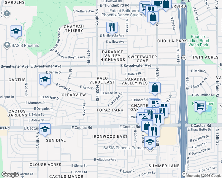 map of restaurants, bars, coffee shops, grocery stores, and more near 12623 North 28th Way in Phoenix