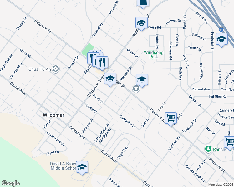 map of restaurants, bars, coffee shops, grocery stores, and more near 21662 Pink Ginger Court in Wildomar