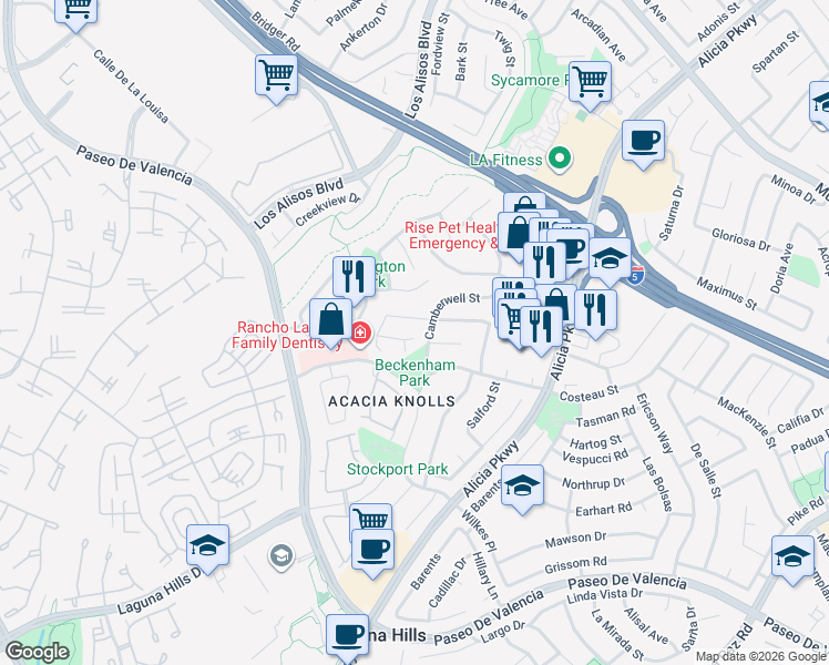 map of restaurants, bars, coffee shops, grocery stores, and more near 24876 Avenida Avalon in Laguna Hills