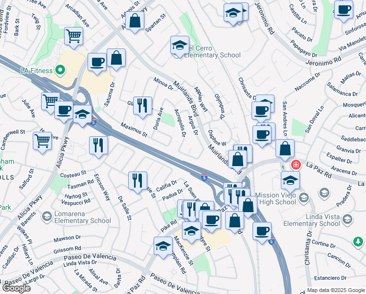 map of restaurants, bars, coffee shops, grocery stores, and more near 24838 Acropolis Drive in Mission Viejo