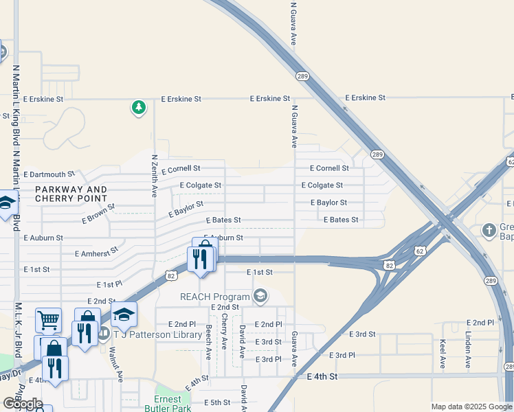 map of restaurants, bars, coffee shops, grocery stores, and more near 2920 East Baylor Street in Lubbock