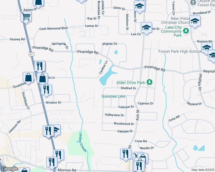map of restaurants, bars, coffee shops, grocery stores, and more near 646 Shellnut Drive in Forest Park