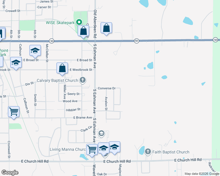 map of restaurants, bars, coffee shops, grocery stores, and more near Converse Drive in West Point