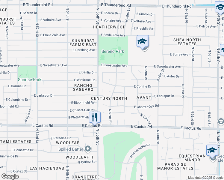 map of restaurants, bars, coffee shops, grocery stores, and more near 5638 East Sandy Lane in Scottsdale
