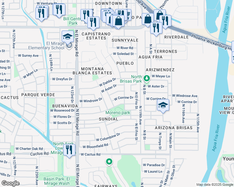 map of restaurants, bars, coffee shops, grocery stores, and more near 12023 West Windrose Drive in El Mirage