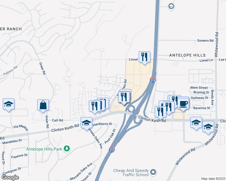 map of restaurants, bars, coffee shops, grocery stores, and more near 27569 Viridian Street in Murrieta