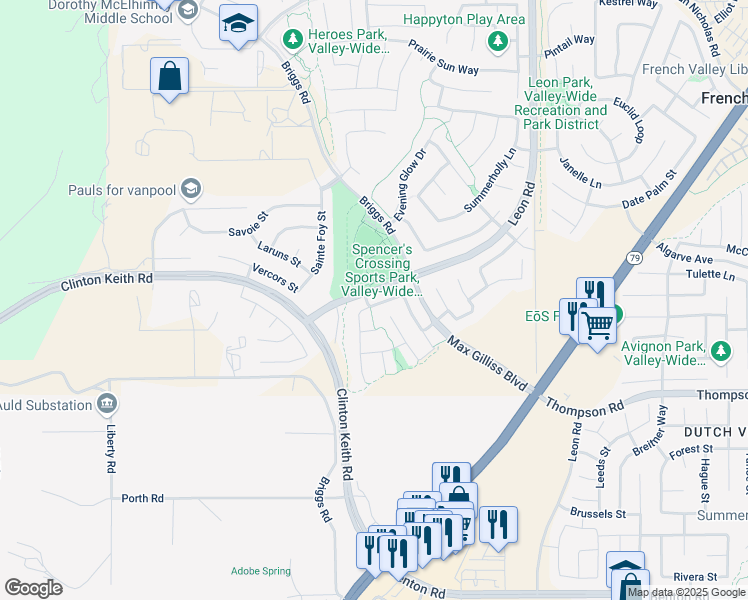 map of restaurants, bars, coffee shops, grocery stores, and more near 30610 Fox Sedge Way in Murrieta