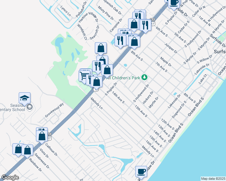 map of restaurants, bars, coffee shops, grocery stores, and more near 105 14th Avenue South in Myrtle Beach