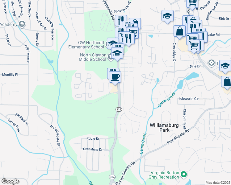 map of restaurants, bars, coffee shops, grocery stores, and more near 1875 East Pleasant Hill Road in Atlanta