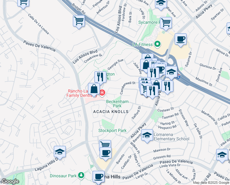 map of restaurants, bars, coffee shops, grocery stores, and more near 24791 Via Balboa in Laguna Hills