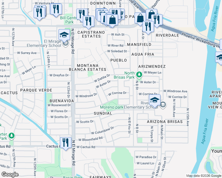 map of restaurants, bars, coffee shops, grocery stores, and more near 12007 West Windrose Drive in El Mirage
