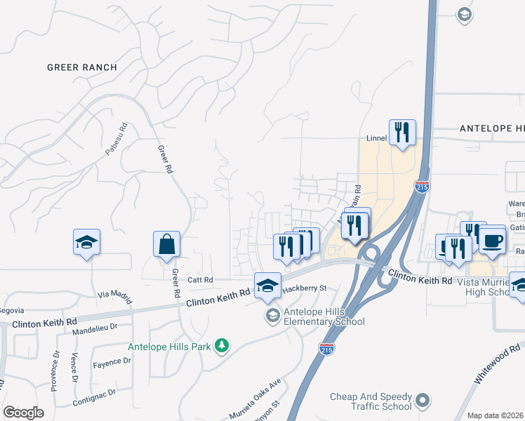 map of restaurants, bars, coffee shops, grocery stores, and more near 27463 Bella Lane in Murrieta