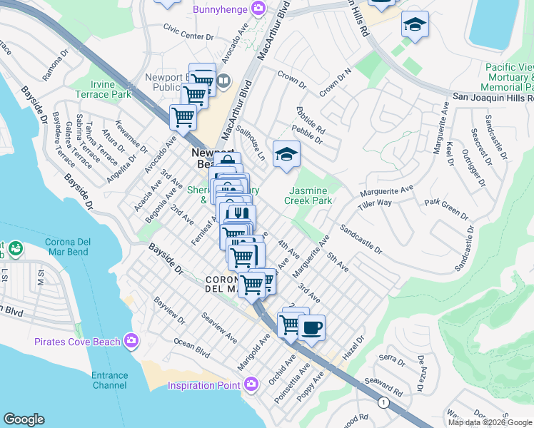 map of restaurants, bars, coffee shops, grocery stores, and more near 2931 5th Avenue in Newport Beach
