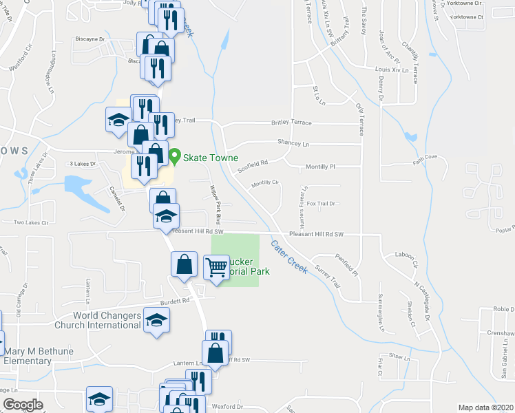 map of restaurants, bars, coffee shops, grocery stores, and more near 2200 Surrey Trail in College Park