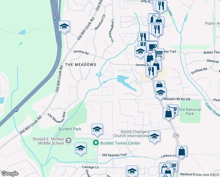 map of restaurants, bars, coffee shops, grocery stores, and more near 5636 One Lake Way in Atlanta
