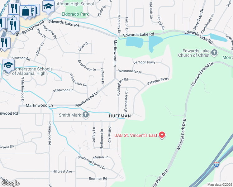 map of restaurants, bars, coffee shops, grocery stores, and more near 841 Rockingham Road in Birmingham