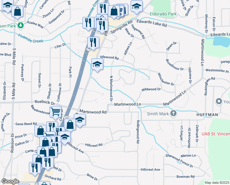 map of restaurants, bars, coffee shops, grocery stores, and more near 917 North Martinwood Drive in Birmingham