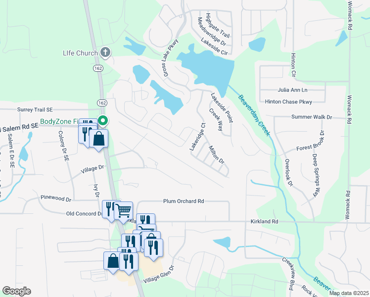 map of restaurants, bars, coffee shops, grocery stores, and more near 145 Barshay Drive in Covington